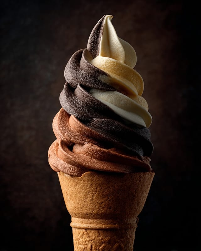 Chocolate vanilla twist soft serve ice cream cone on a dark background