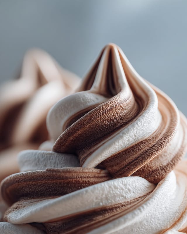Close-up of chocolate and vanilla swirl soft serve ice cream with creamy texture