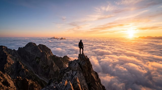 Person standing on a mountain peak overlooking clouds