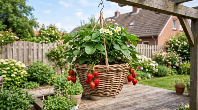 Woven basket with strawberry plant illustration