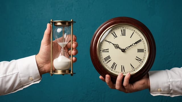 Hand holding hourglass and clock illustration for commercial timelines