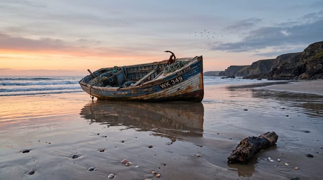 Old wooden fishing boat stranded on shore