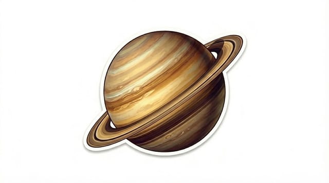 Saturn planet with rings sticker illustration on white, isolated circular graphic on white background for commercial stock use