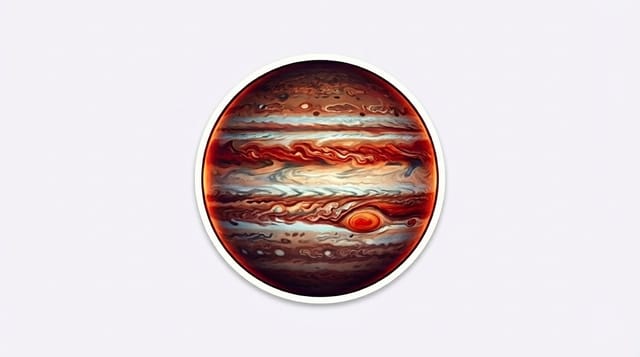 Dramatic red Jupiter planet sticker with storm swirls, isolated circular graphic on white background for commercial stock use
