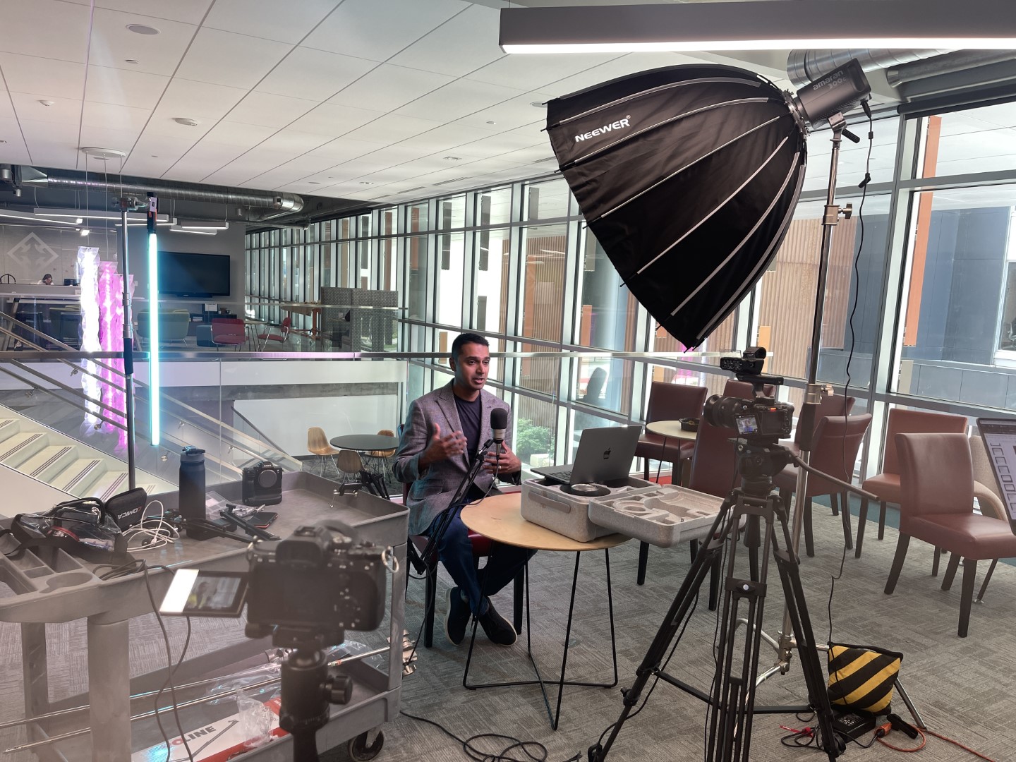 Interview setup with cameras and lights