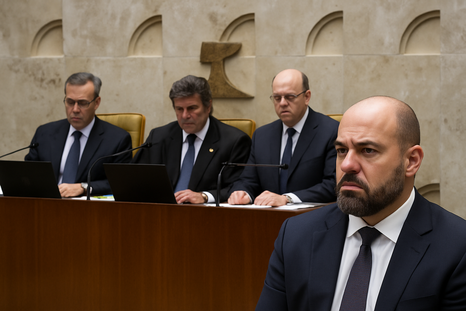 Sessão em tribunal com quatro homens de terno sentados, três atrás de bancada e um à frente.