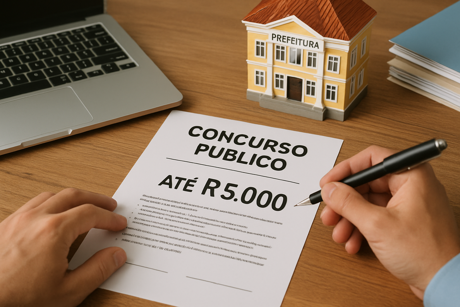 Concursos públicos em prefeituras com salários de até R$ 5 mil estão com inscrições abertas 2 Pessoa segurando edital de concurso público com salário de até R$5.000 em mesa de escritório