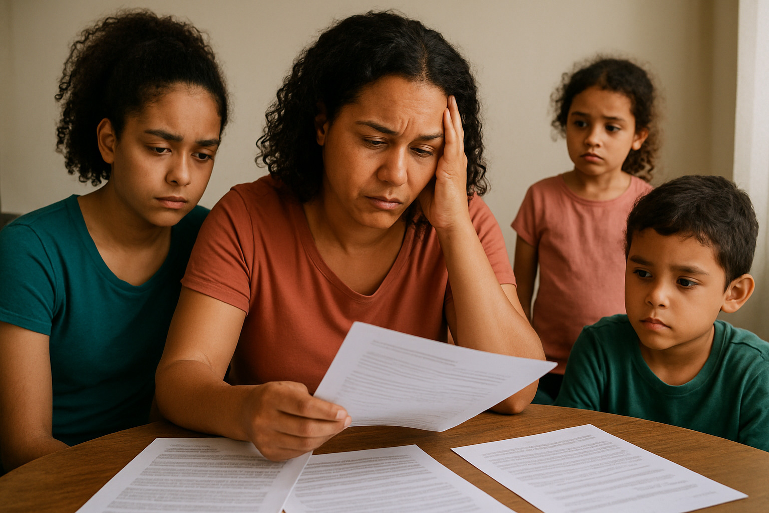 Mulher preocupada lendo documentos ao lado de três crianças