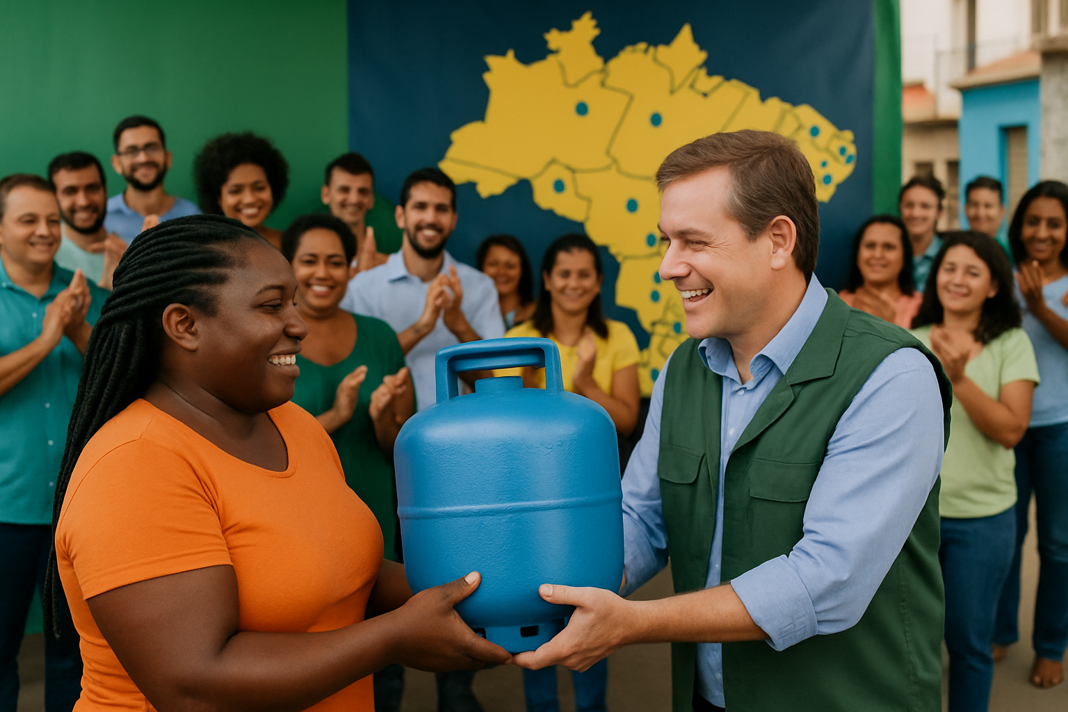 Mulher recebendo botijão de gás de um homem em evento comunitário