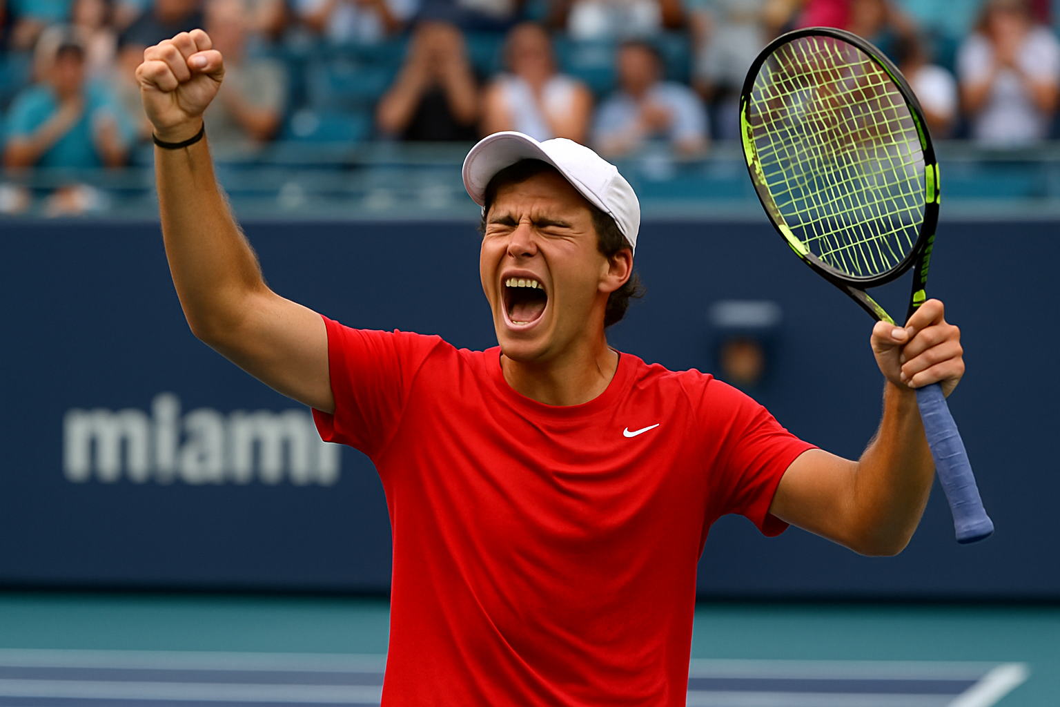 Martín Landaluce surpreende Sebastian Korda no Miami Open 2026 e dedica triunfo à avó falecida 6 Tenista comemorando com os braços levantados em quadra