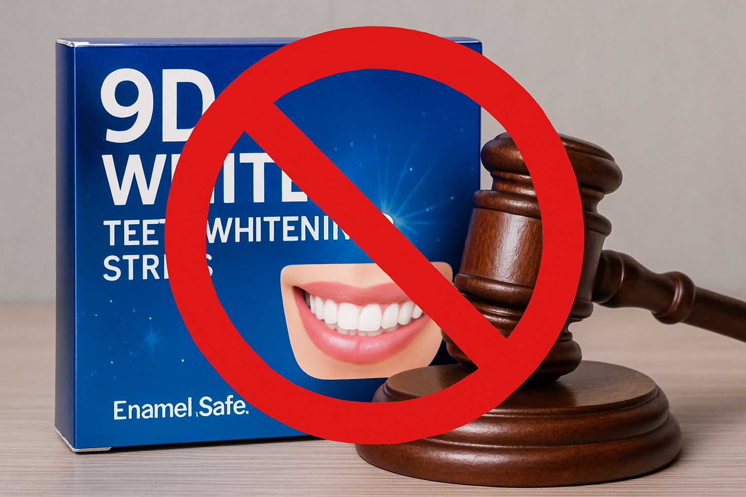 Produto de clareamento dental com símbolo de proibido e um martelo de juiz ao lado