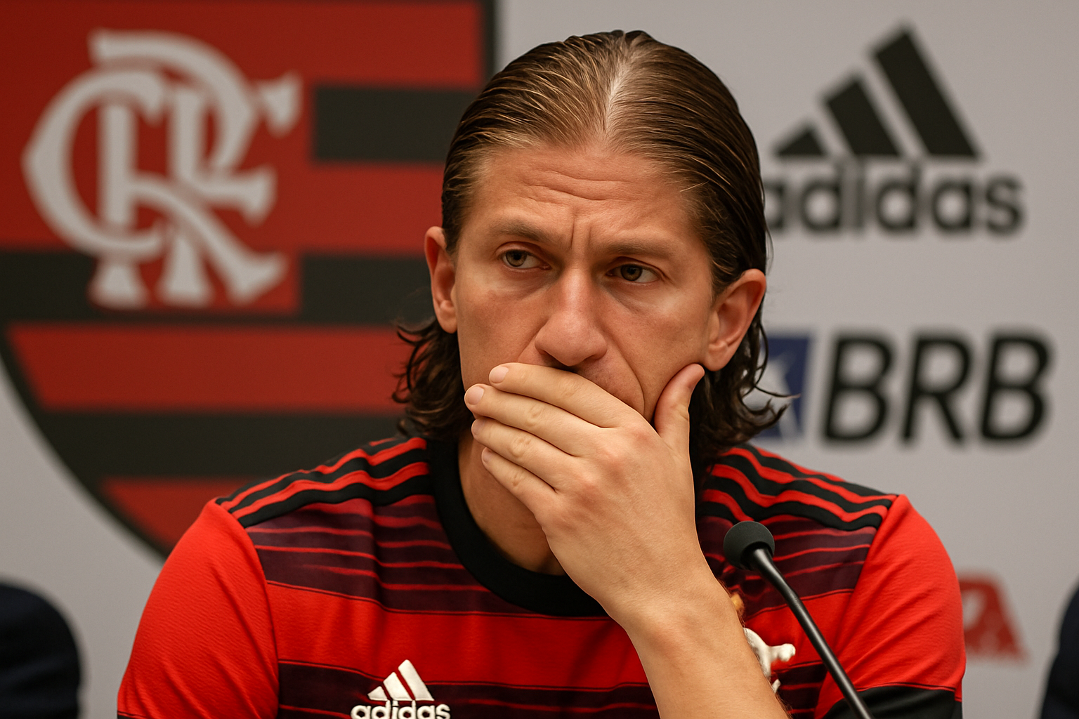 Jogador do Flamengo pensativo durante coletiva de imprensa
