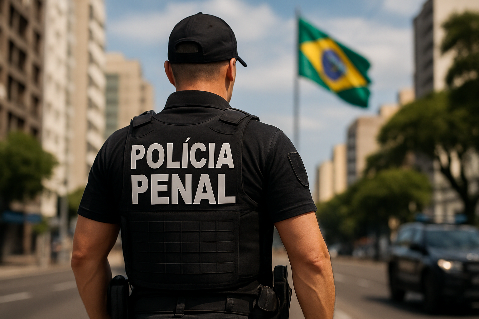 Policial penal de costas em uma avenida com a bandeira do Brasil ao fundo