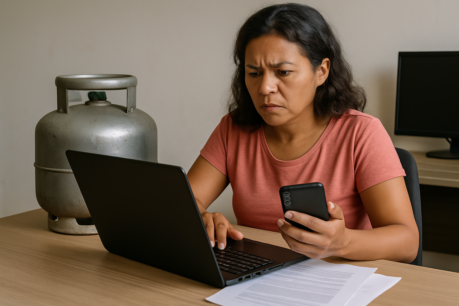 Mulher preocupada usando notebook e segurando celular, com botijão de gás ao lado