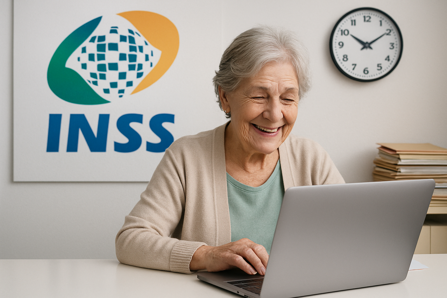 Idosa sorrindo enquanto usa notebook ao lado de logotipo do INSS