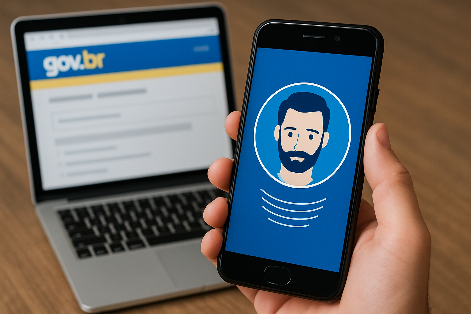Gov.br: 35% das contas ainda não usam reconhecimento facial; saiba como fazer 6 Pessoa usando aplicativo de identificação facial no celular com site gov.br aberto no notebook ao fundo