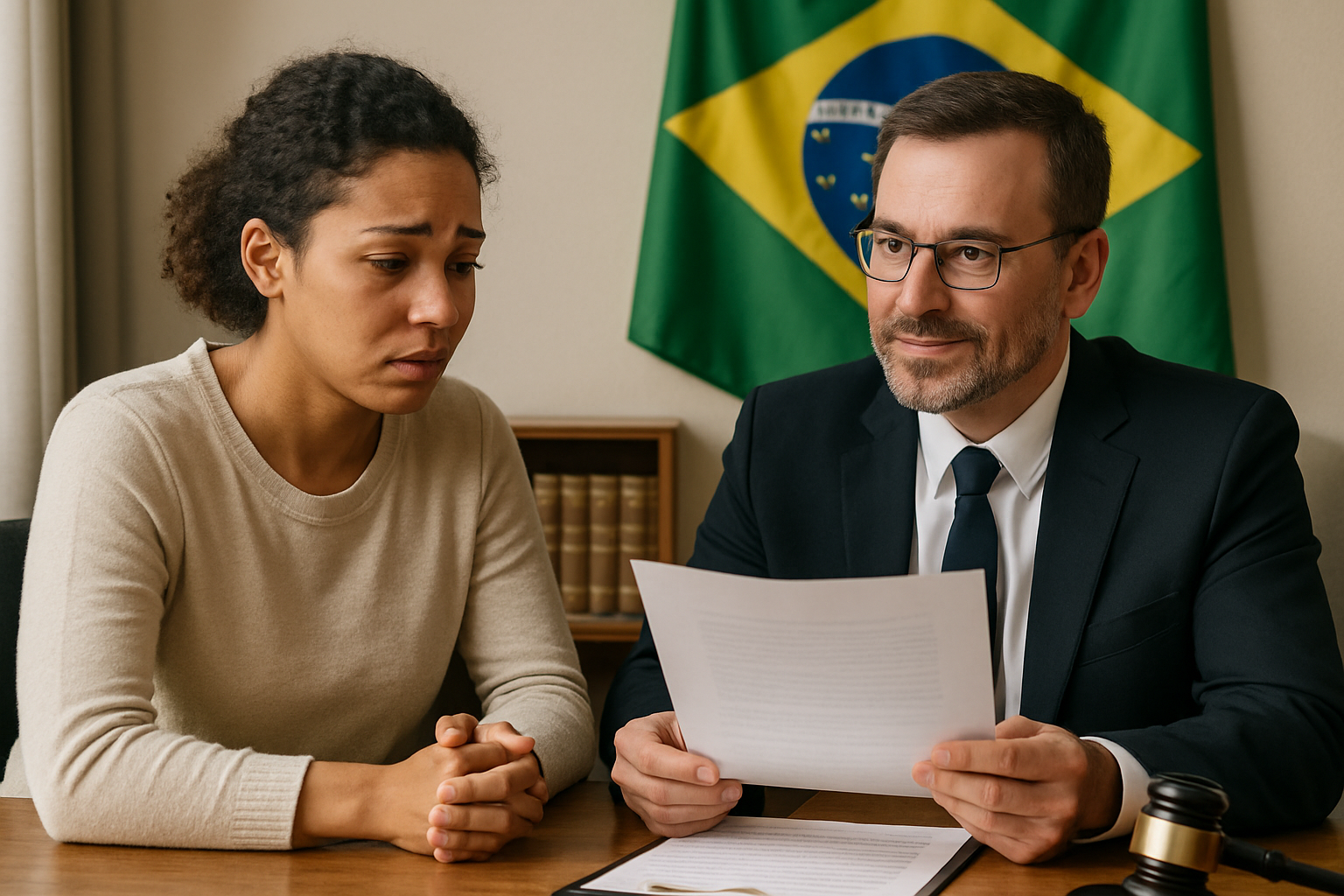 Mulher conversando com advogado em escritório com bandeira do Brasil ao fundo