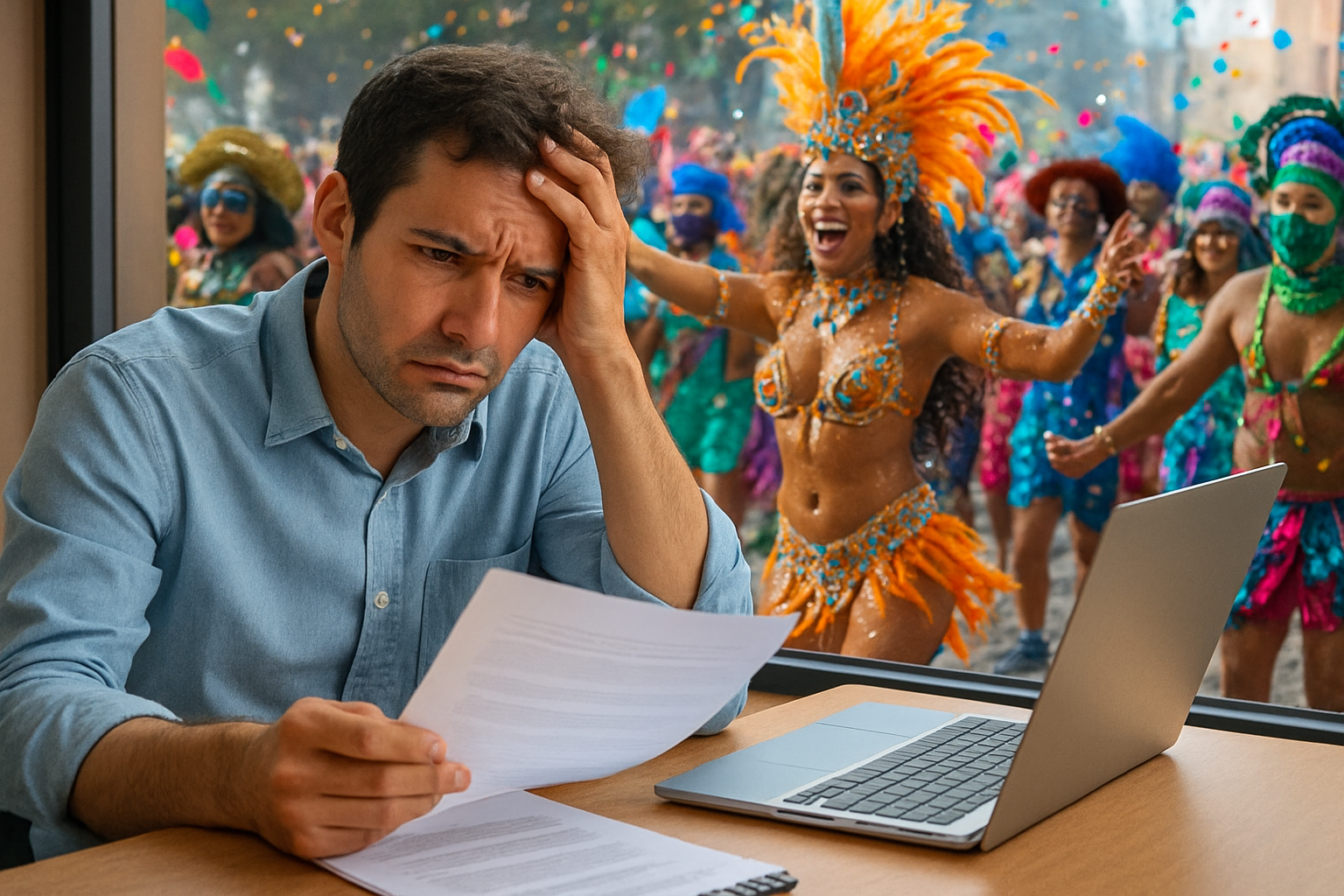 Homem preocupado trabalhando durante o Carnaval com desfile passando na rua