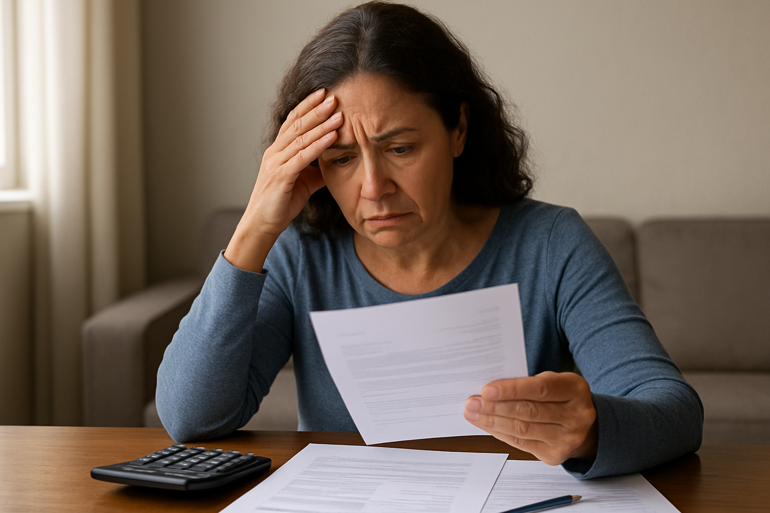 Mulher preocupada analisando contas na mesa