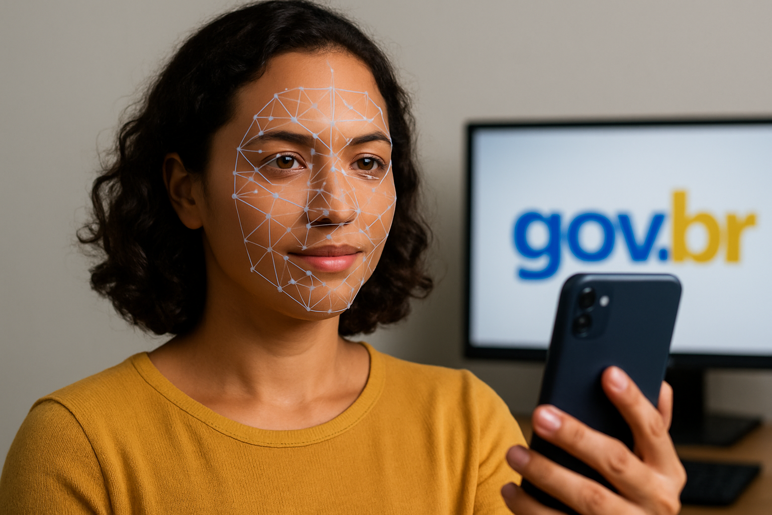 Como configurar o reconhecimento facial no Gov.br? 35% das contas ainda não usam 2 Mulher utilizando reconhecimento facial em smartphone com tela de computador ao fundo exibindo o logotipo do gov.br