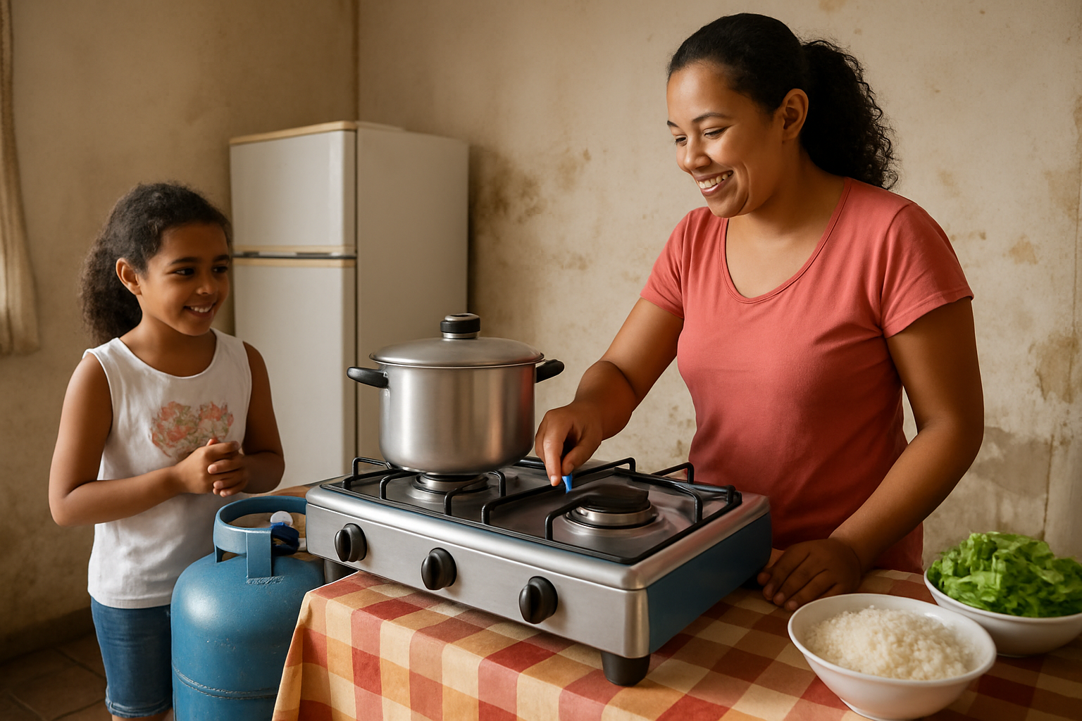Mulher cozinhando com uma menina ao lado em uma cozinha simples