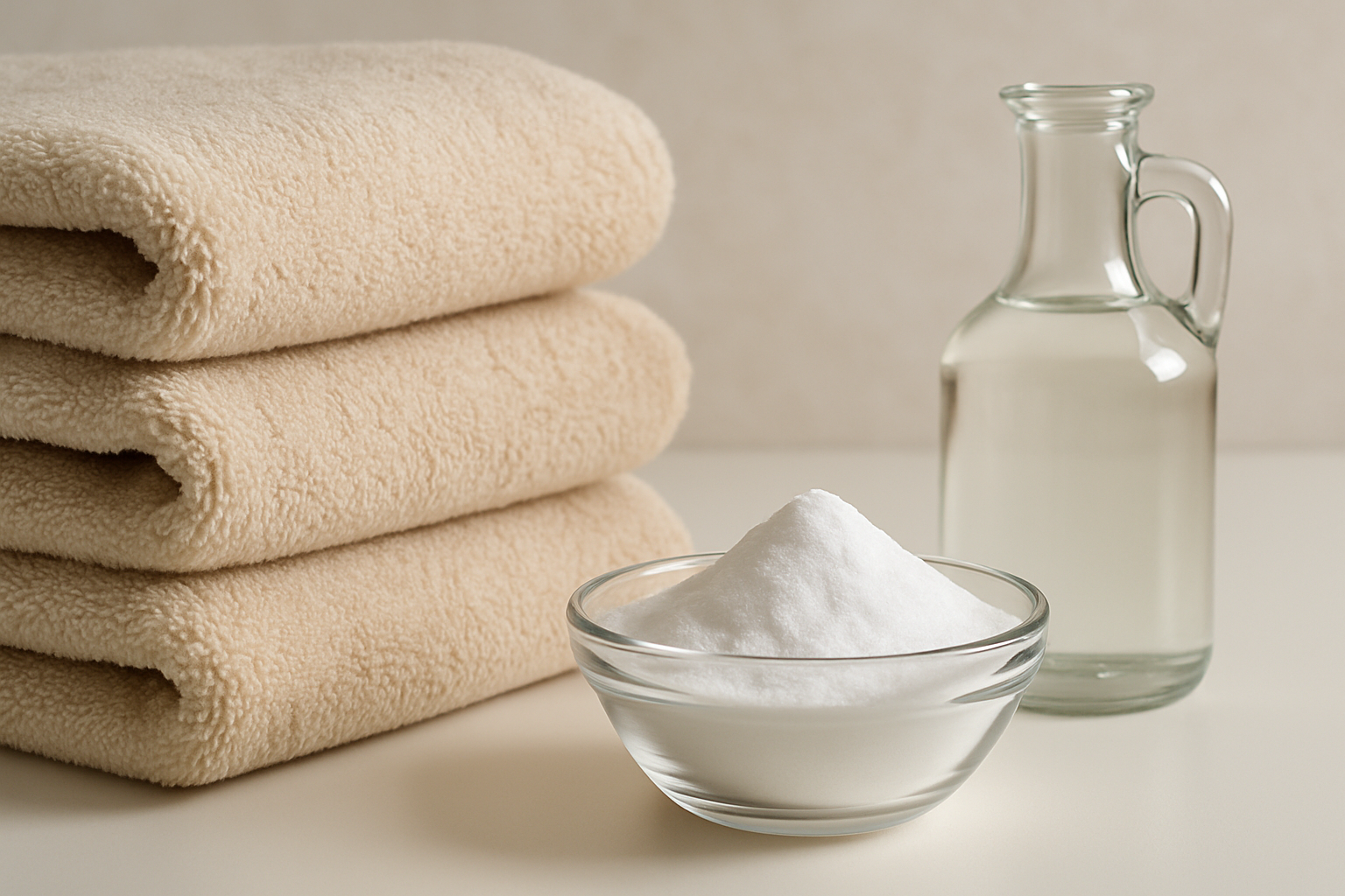 Toalhas duras? Pare de usar amaciante e troque por esse ingrediente de cozinha 6 Toalhas dobradas ao lado de bicarbonato de sódio e vinagre em recipientes de vidro