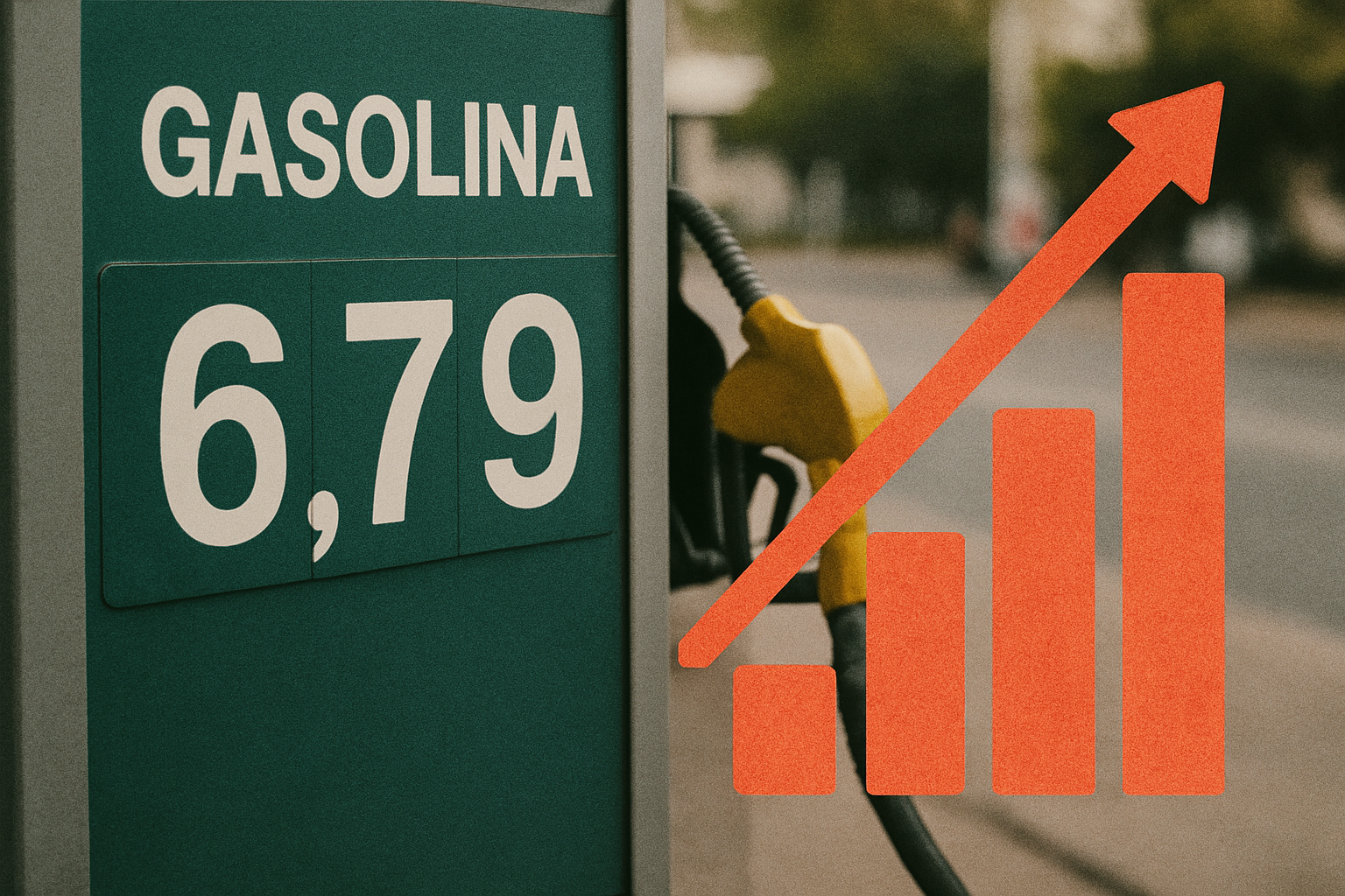Painel de posto de gasolina mostrando preço de 6,79 com bomba e gráfico de aumento