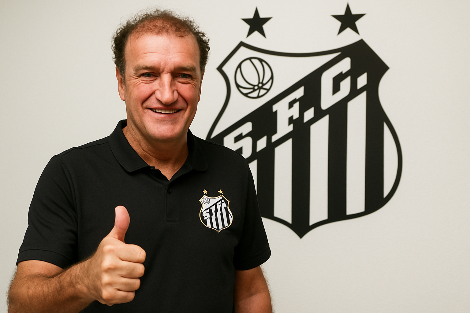 Cuca assume o Santos pela quarta vez com contrato até dezembro de 2026 2 Homem sorrindo com camiseta preta do Santos Futebol Clube e fazendo sinal de positivo com o polegar