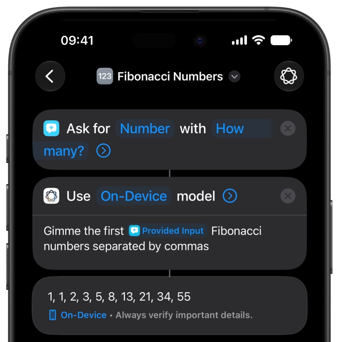 Asking iOS Shortcuts AI On-Device model for the first 10 fibonacci numbers