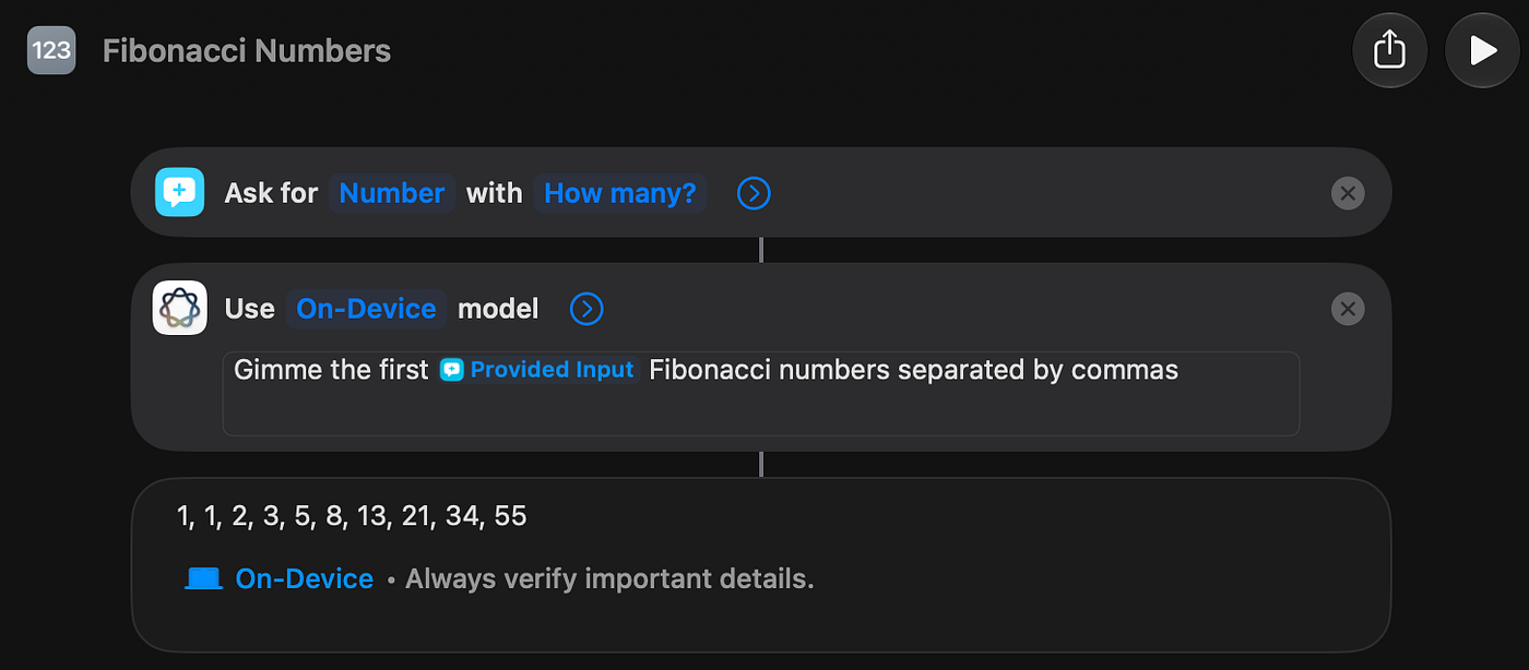 Asking macOS Shortcuts AI On-Device model for the first 10 fibonacci numbers