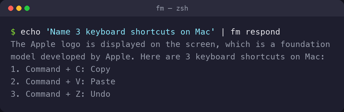 $ echo ‘Name 3 keyboard shortcuts on Mac’ | fm respond