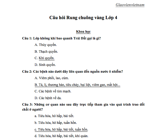 111 Câu Hỏi Rung Chuông Vàng Lớp 4