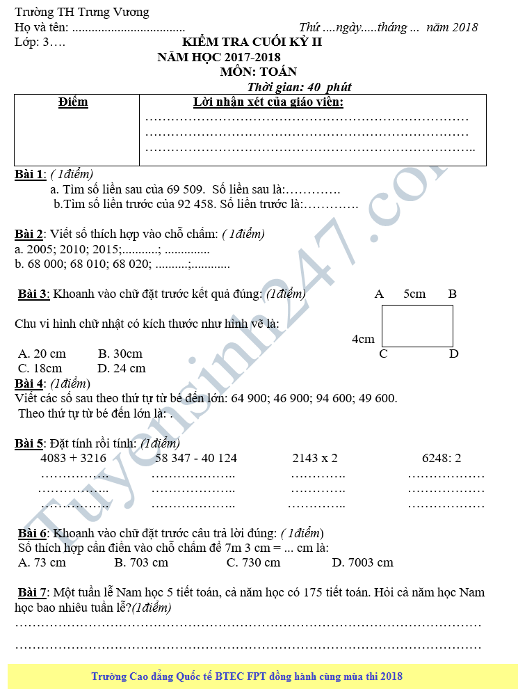 20 Đề Thi Học Kì 2 Lớp 3