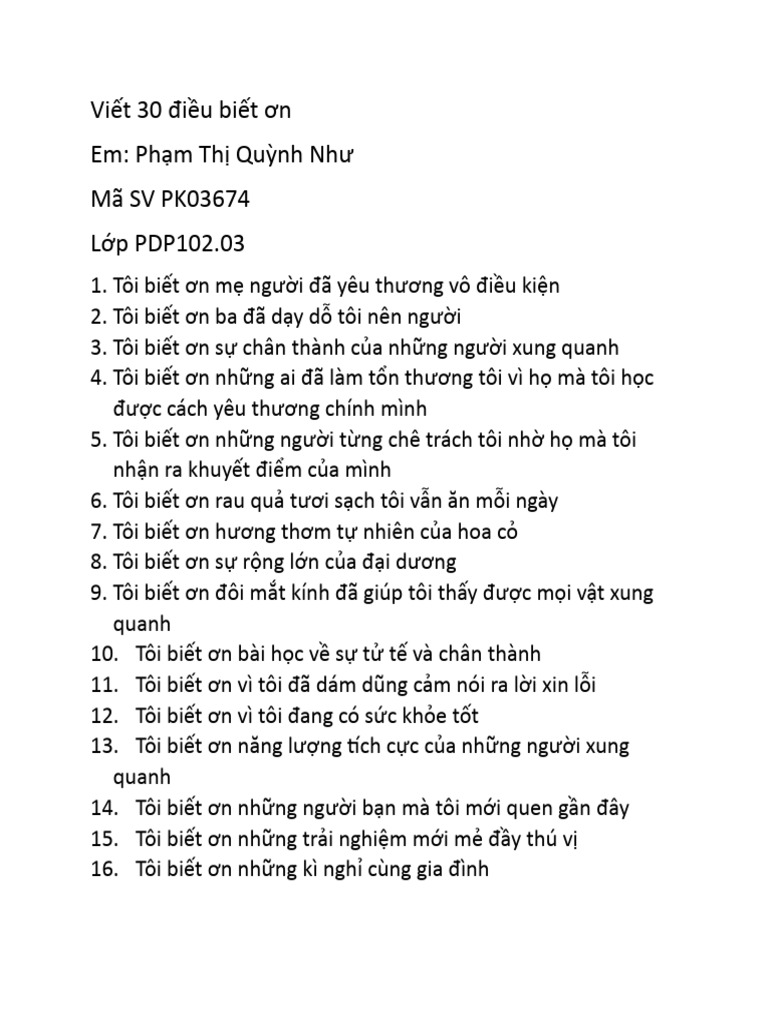 30 Điều Biết Ơn Trong Cuộc Sống