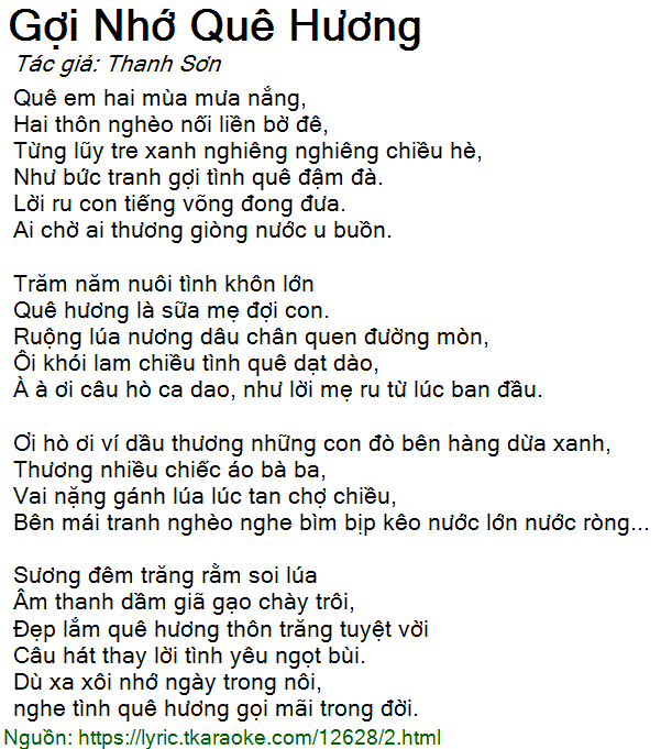 Bài Hát Gợi Nhớ Quê Hương