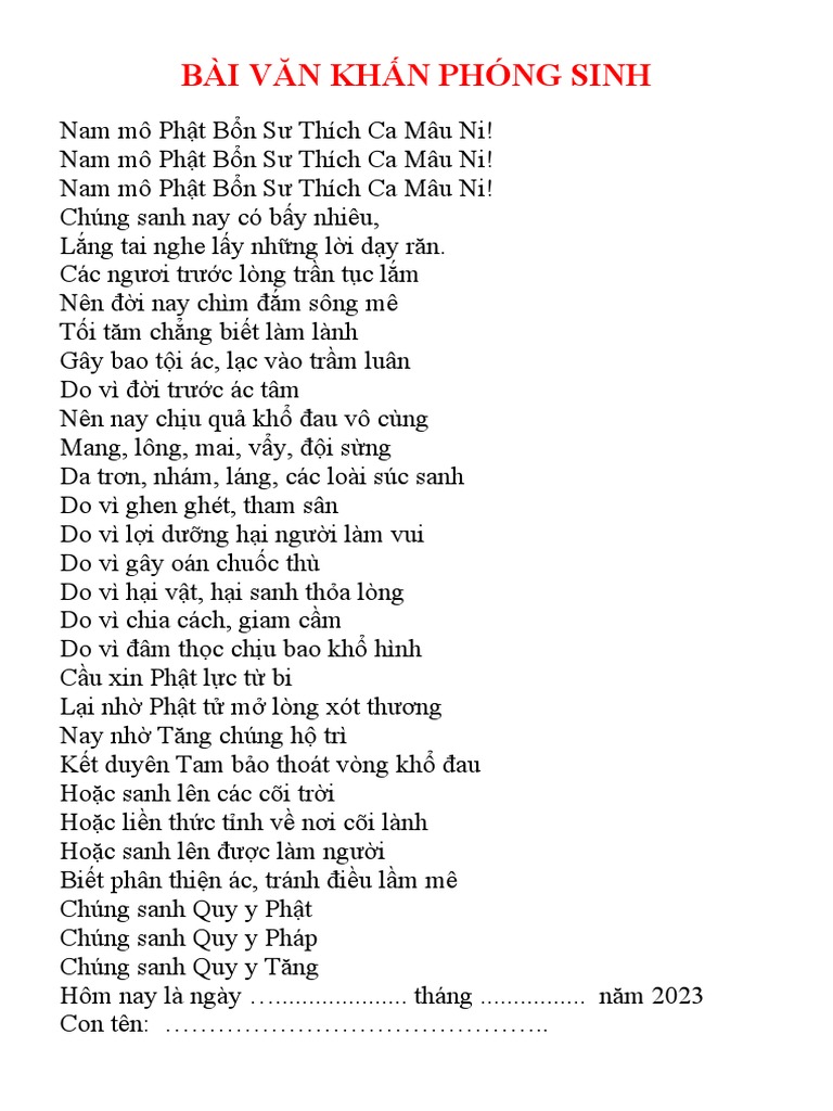 Bài Khấn Phóng Sinh Chuẩn