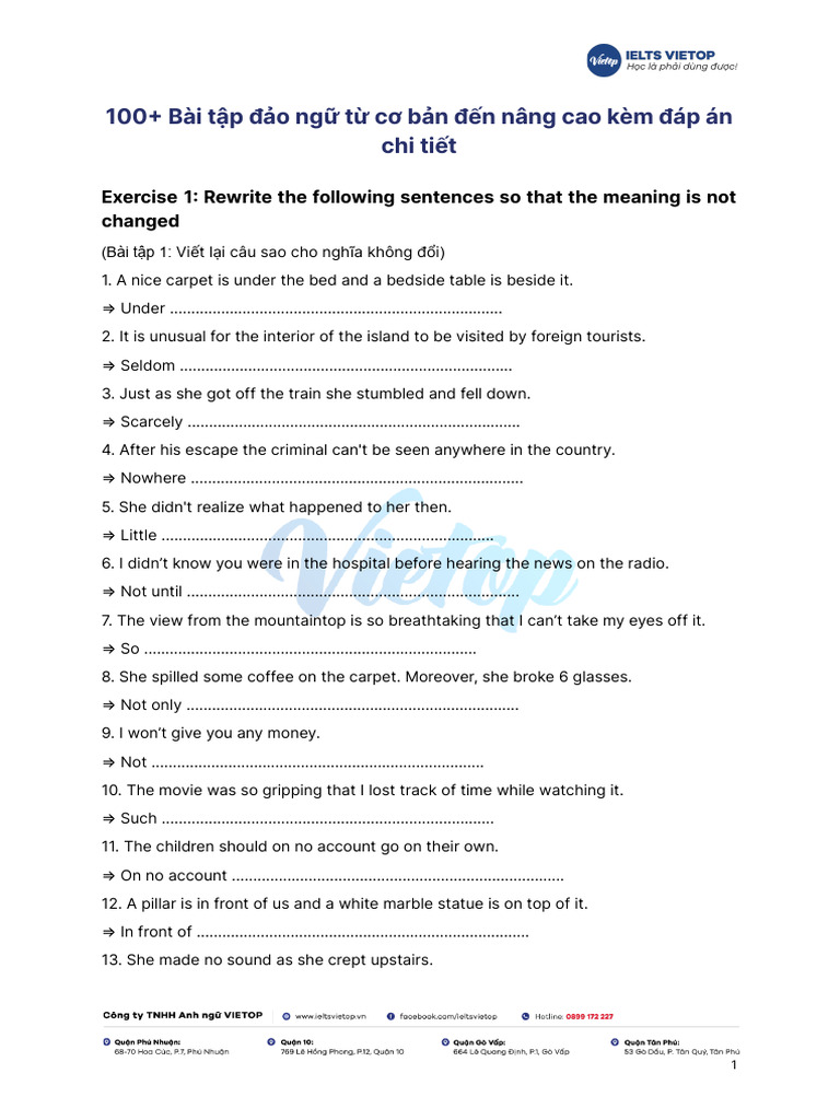 Bài tập đảo ngữ