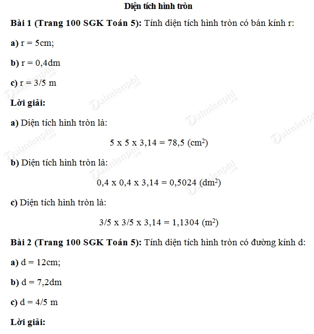 Toán lớp 5 trang 100: Diện tích hình tròn Gallery 2