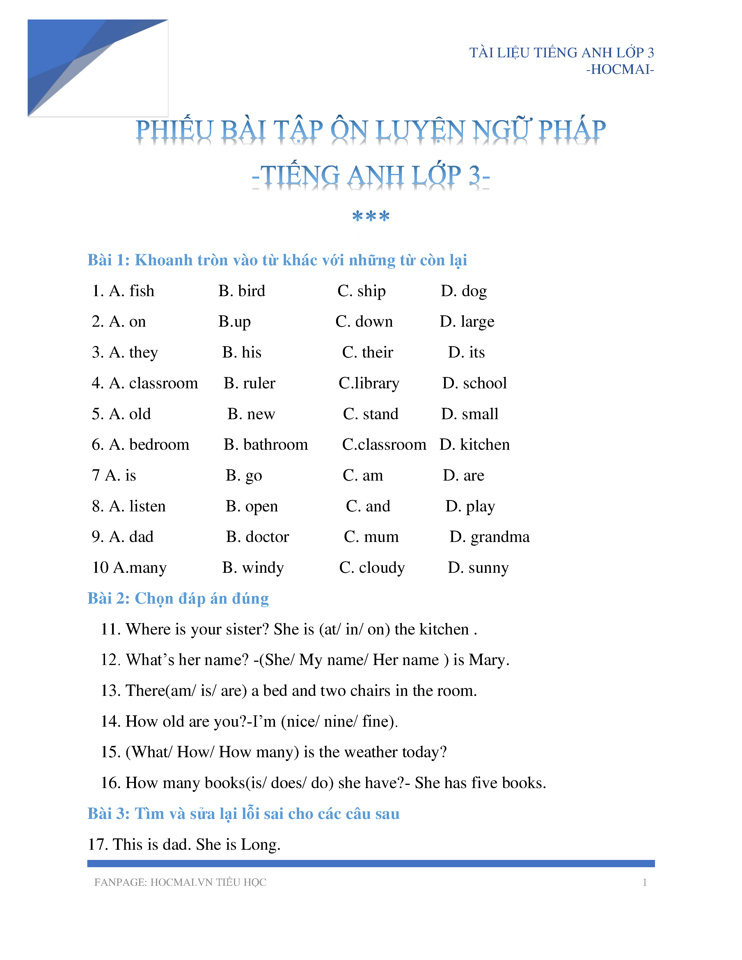 Bài tập tổng hợp kiến thức Tiếng Anh lớp 3