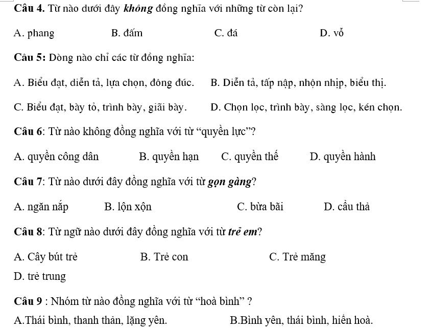 Bài tập về từ đồng nghĩa lớp 5 có đáp án