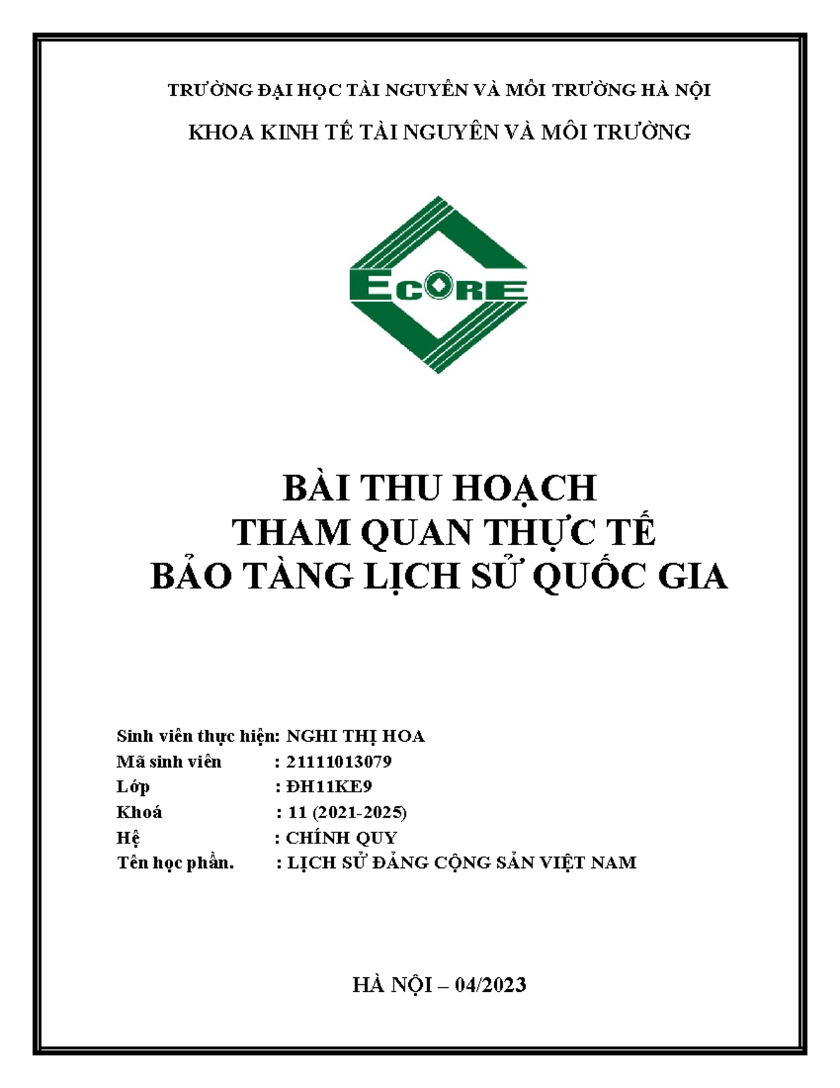 Bài Thu Hoạch Bảo Tàng Lịch Sử Quốc Gia Hà Nội