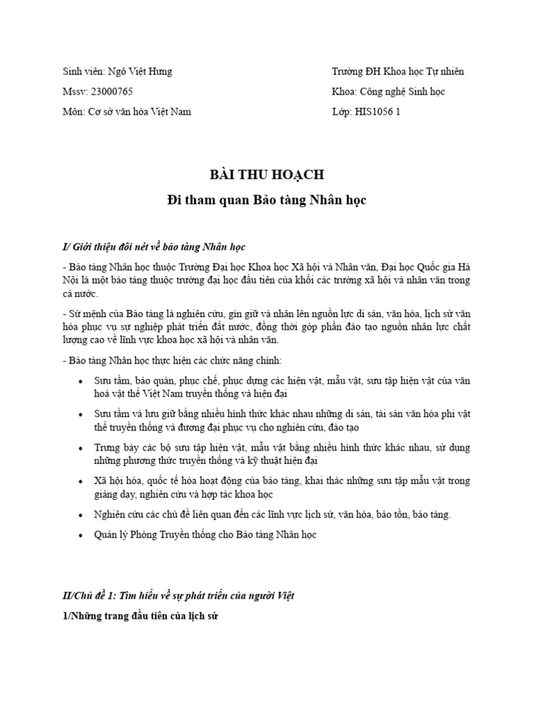 Bài Thu Hoạch Đi Bảo Tàng Dân Tộc Học