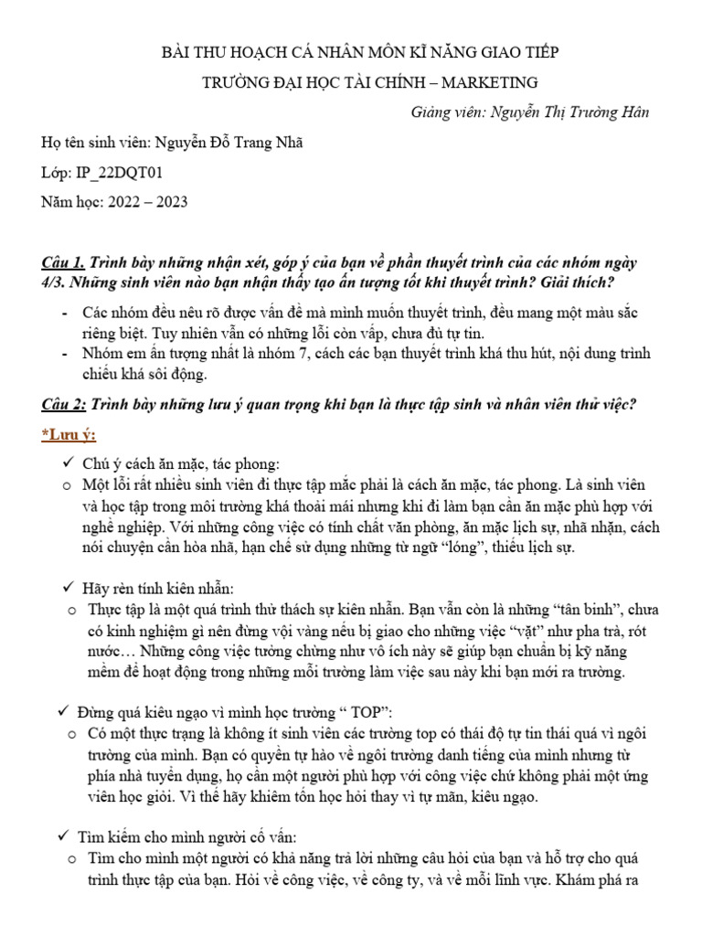 Bài Thu Hoạch Kỹ Năng Giao Tiếp