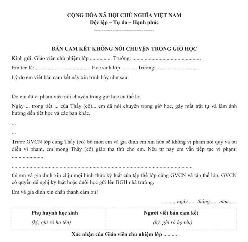 Bản Cam Kết Không Nói Chuyện Trong Giờ Học