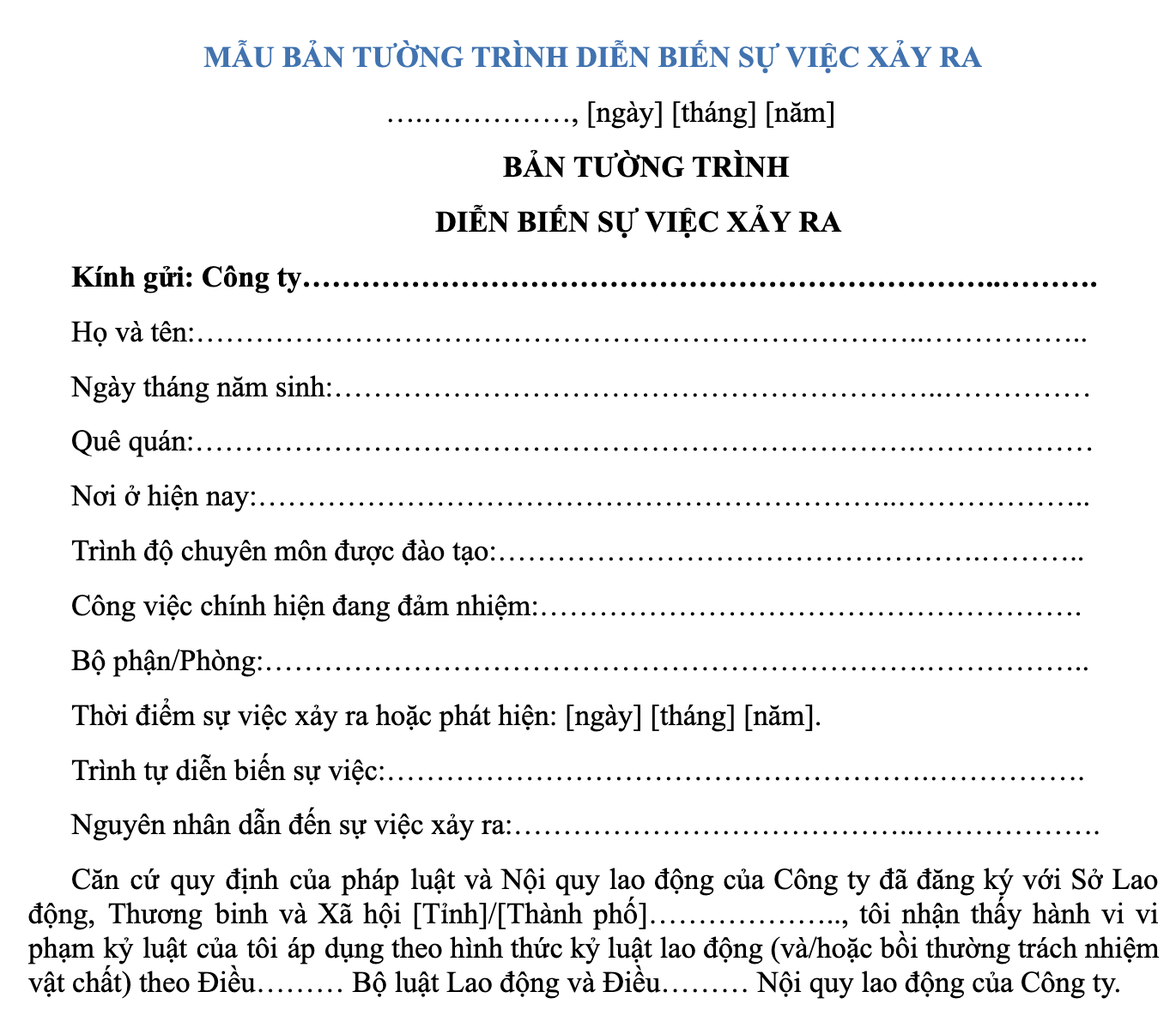 Bản Tường Trình Sự Việc Xảy Ra