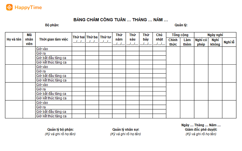 Bảng Chấm Công Theo Tuần