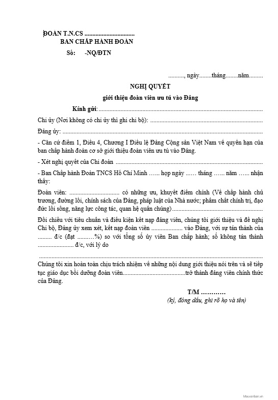 Biên bản giới thiệu đoàn viên ưu tú học lớp cảm tình Đảng