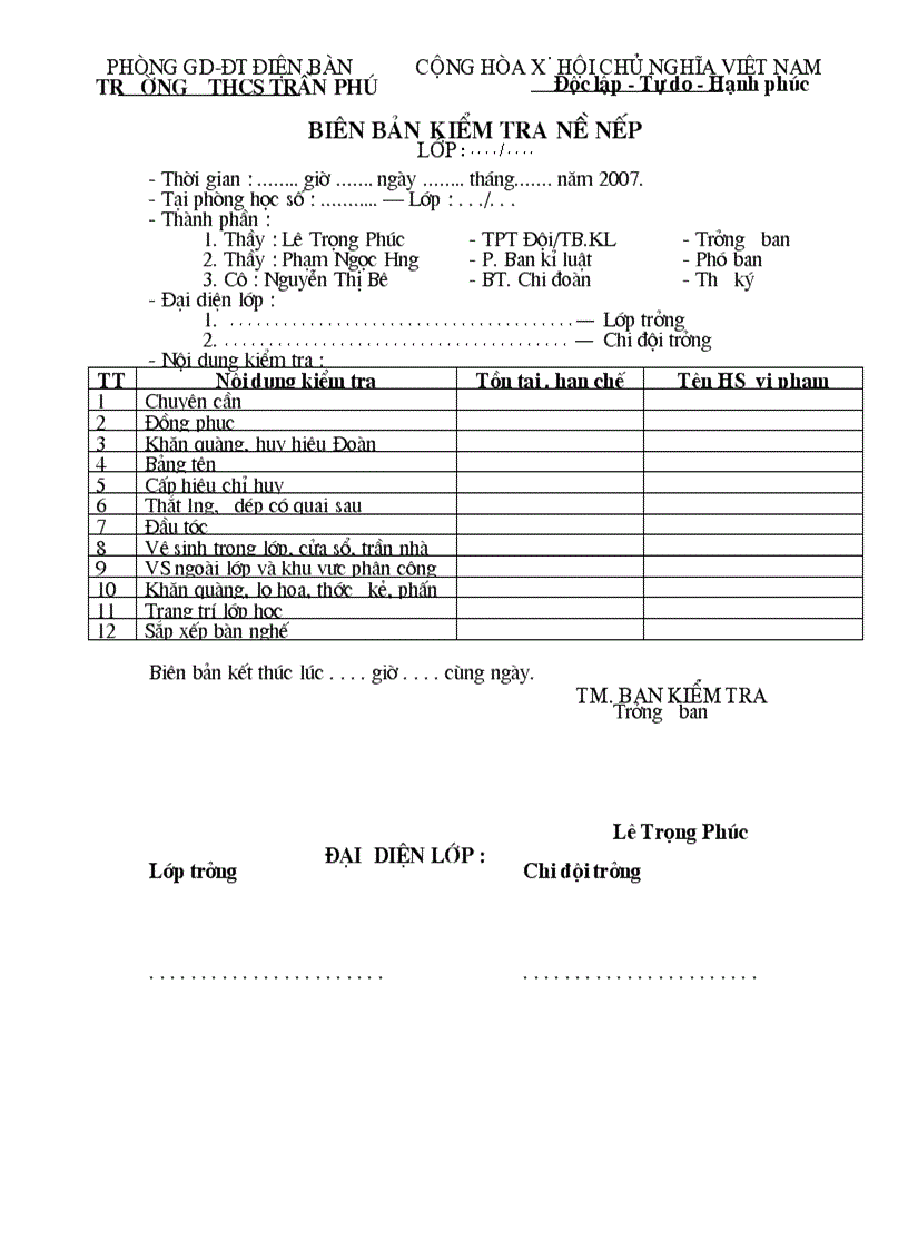 Biên bản kiểm tra nề nếp học sinh