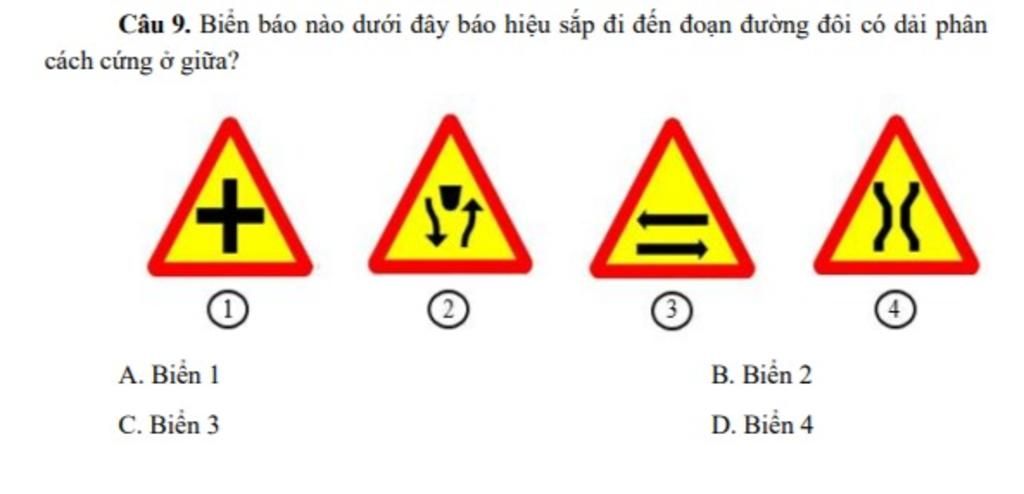 Biển báo nào báo hiệu sắp đến đoạn đường đôi có giải phân cách cứng ở giữa?