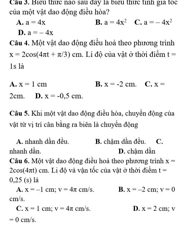 Biểu thức tính gia tốc của vật dao động điều hòa